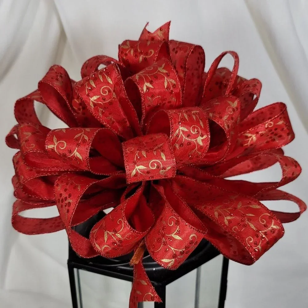 Christmas Tree Bow Topper, Red w/Gold‎ Pattern Bow Tree Topper 44 Loop 10 Inch